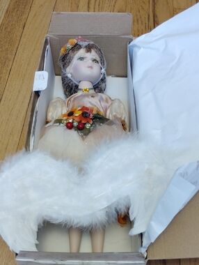 Porcelain Holiday Figurine Doll in Cream and Gold